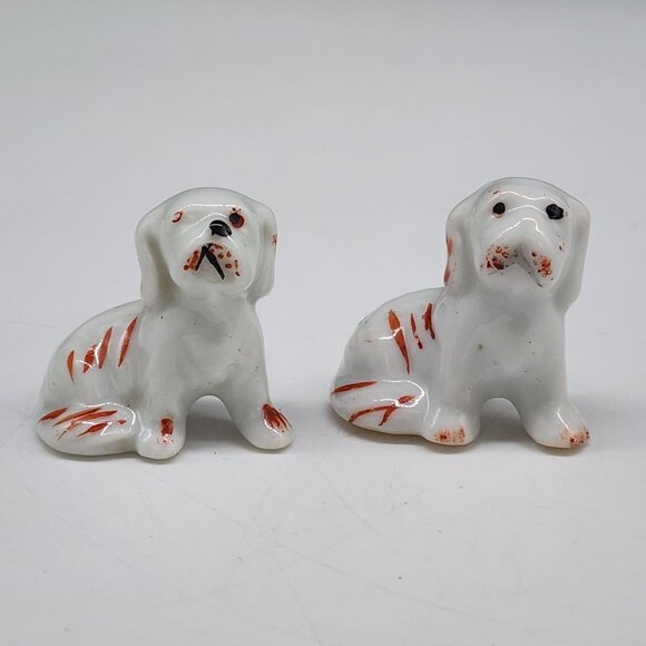 Vintage Ceramic Bulldog Dog Figurines With Red Accent Made In Japan - Picture 1 of 6